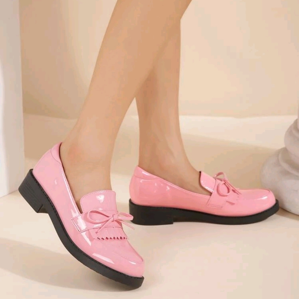 Bow Decor Fringe Trim Slip-On Flat Loafers, Pink Preppy Style Solid Color Loafer - Picture 3 of 5